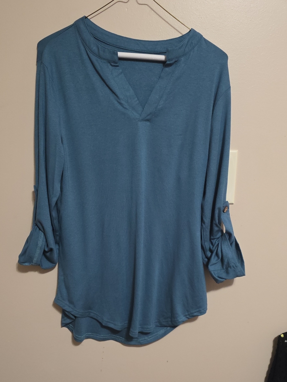 Women’s Teal V-Neck Roll-Sleeve Blouse